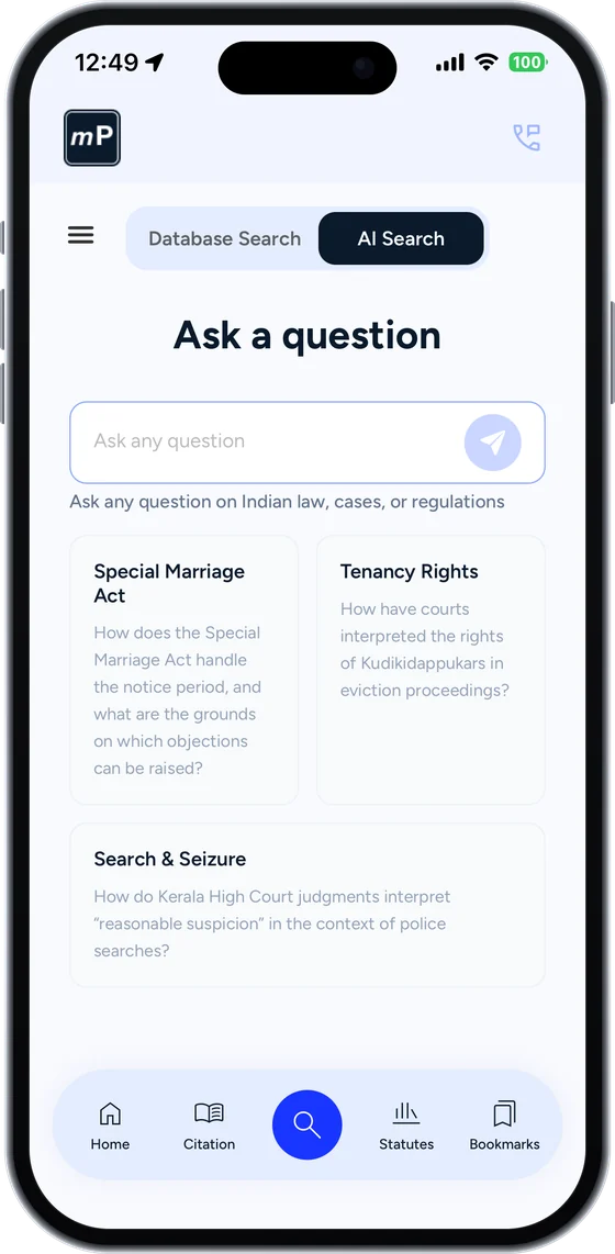 myPara's AI search, with a question box and suggested questions on Indian law