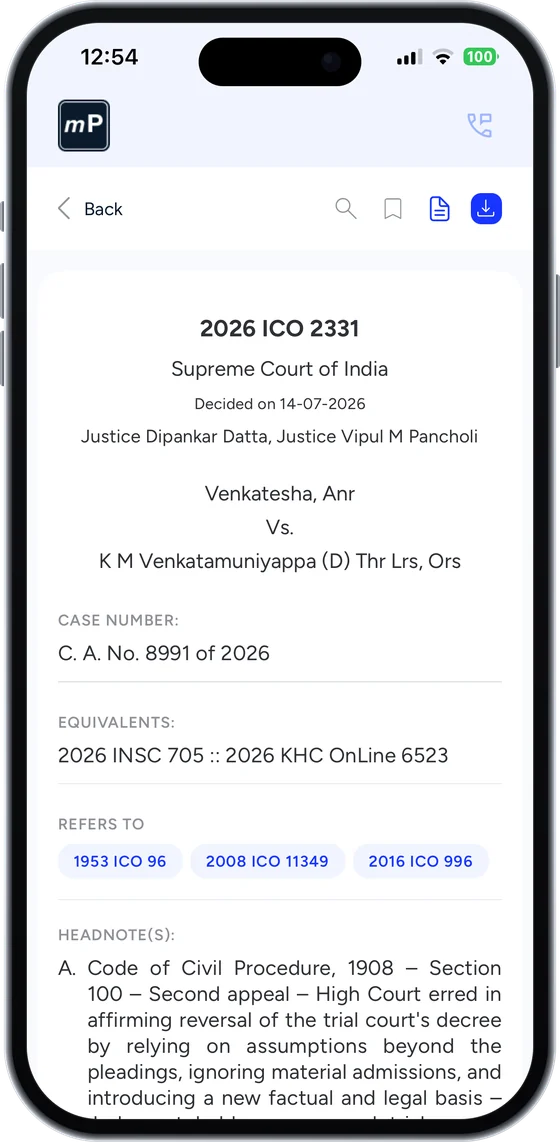 A Supreme Court judgment open in myPara, showing the case number, equivalent citations and headnotes